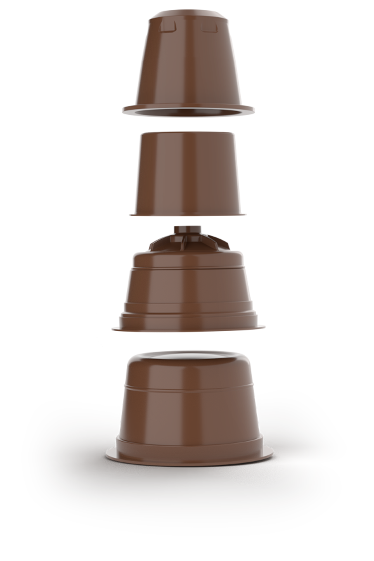 Braune NAT®Cap Home Kaffeekapseln von säntis packaging in gestapelter Ansicht – stabil, stapelbar und kompatibel mit bestehenden Abfüllanlagen.