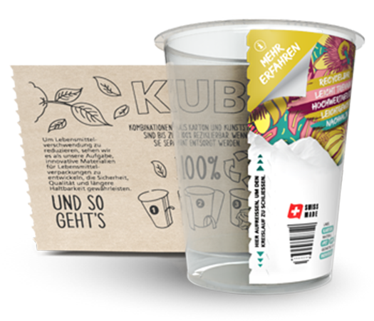 KUB Karton-ummantelter Becher von säntis packaging mit ablösbarem FSC-Kartonmantel – zeigt nachhaltiges Verpackungsdesign mit grosser Kommunikationsfläche für Markenauftritt, Storytelling und Recyclingfreundlichkeit.