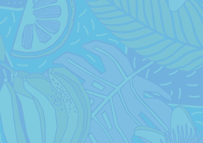 Hellblauer Hintergrund mit tropischen Illustrationen von Früchten und Blättern im Stil des KUB-Designs von säntis packaging – verwendet als Stimmungsbild für nachhaltige, kreative Verpackungslösungen.