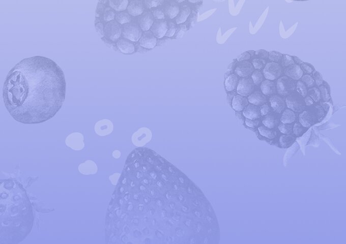 Lila Hintergrund mit verspielten Illustrationen von Früchten und Blättern im Stil des ONE SEAL LID Designs von säntis packaging – Stimmungsbild für nachhaltige, kreative und aluminiumfreie Verpackungslösungen.