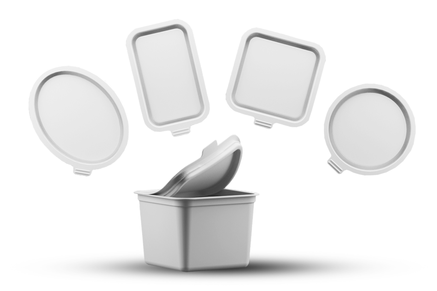 Verschiedene ONE SEAL LID-Formen von säntis packaging – runde, ovale, quadratische und rechteckige wiederverschliessbare Kunststoffdeckel aus 100 % recycelbarem Material, ideal für nachhaltige Verpackungslösungen.