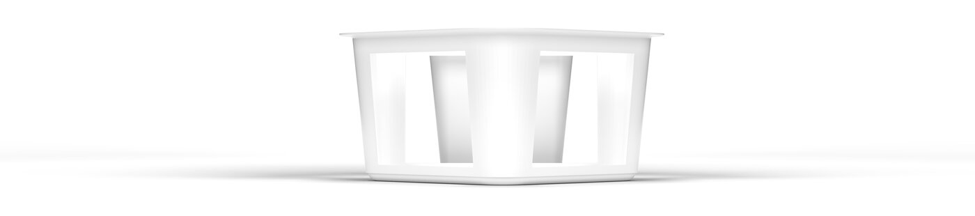 Frontansicht des IML-S+ Doppelkammer-Bechers von säntis packaging – reduziertes Skelettdesign für hohe Stabilität bei minimalem Materialeinsatz und nachhaltiger Produktion.