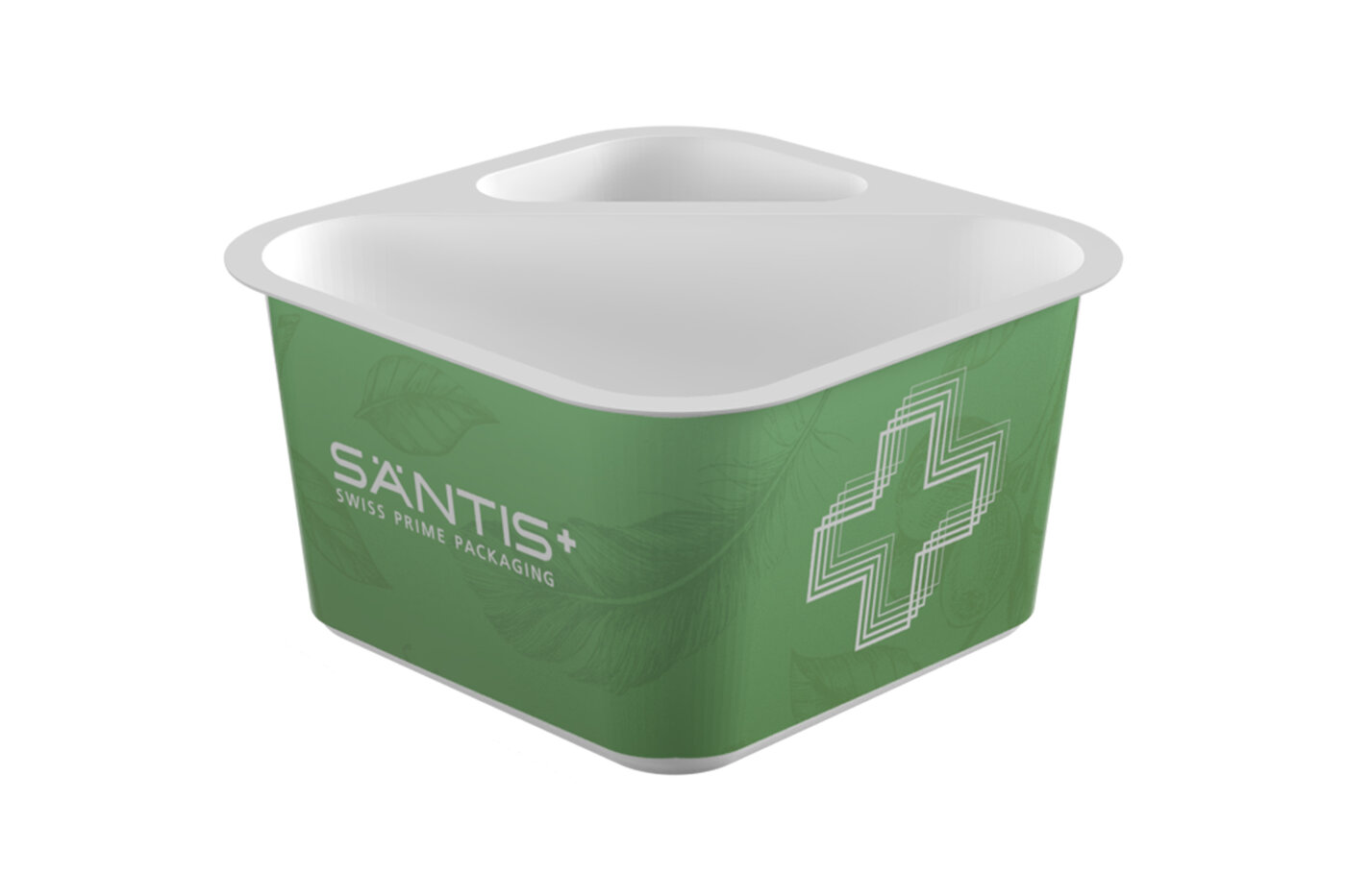 Quadratischer IML-Becher von säntis packaging – nachhaltige In-Mould-Label-Verpackung aus Monomaterial mit hochwertigem 360°-Branding, kratzfester Oberfläche und brillantem Druckdesign für Lebensmittel- und Molkereiprodukte.