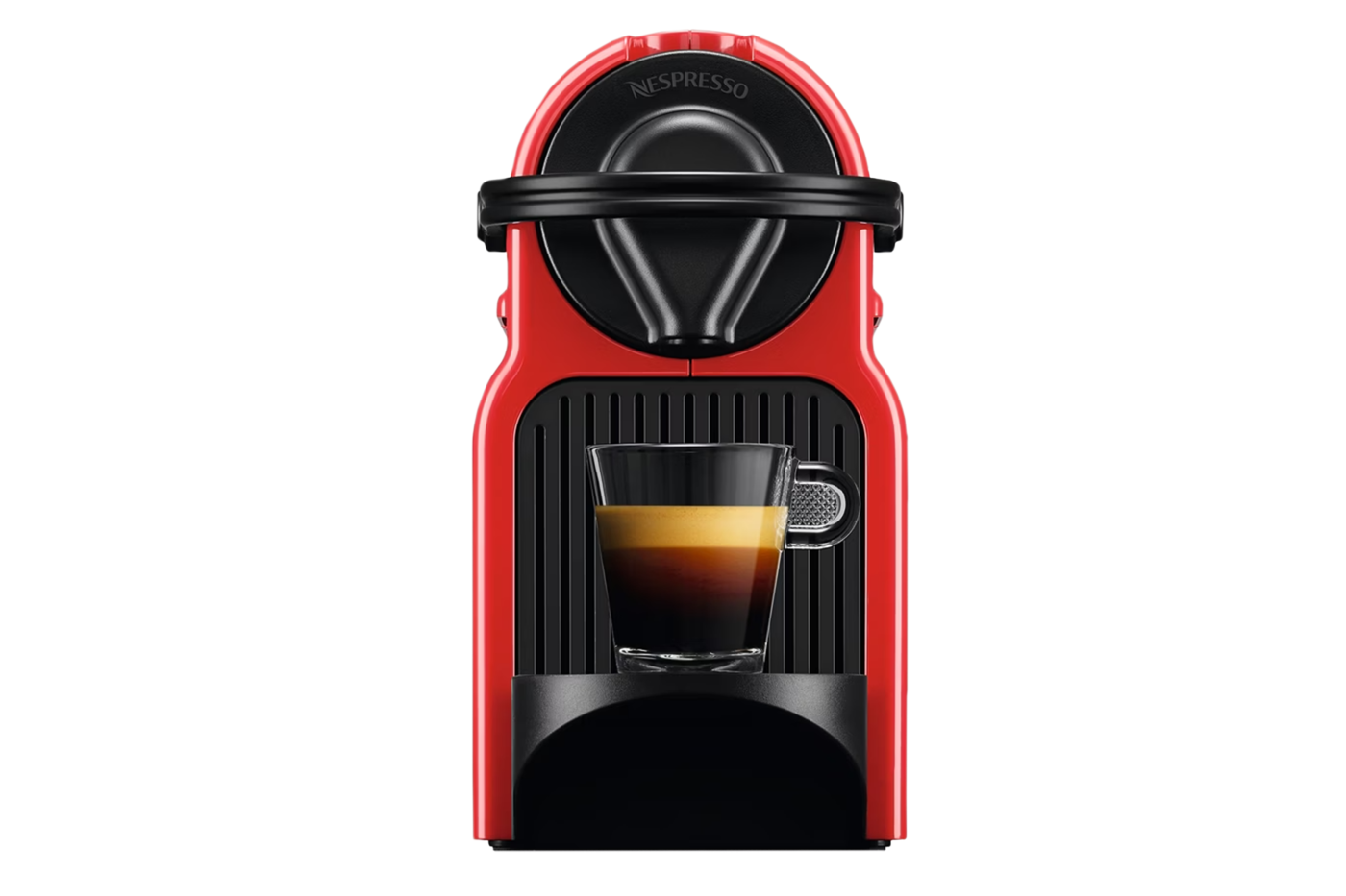 Nespresso Kaffeekapselmaschine mit Espresso im Glas – Beispiel für kompatible Kapselsysteme und nachhaltige Verpackungslösungen von säntis packaging für Premium-Kaffeemarken.