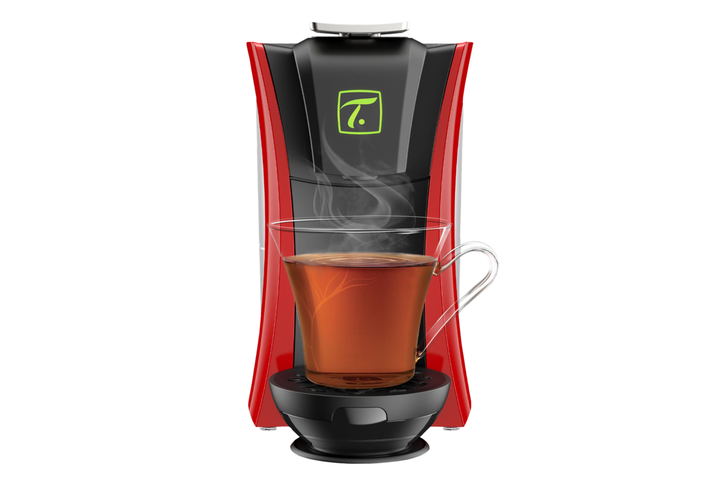 Teekapselmaschine mit dampfender Teetasse – Beispiel für kompatible Kapselsysteme und nachhaltige Heissgetränkeverpackungen von säntis packaging.