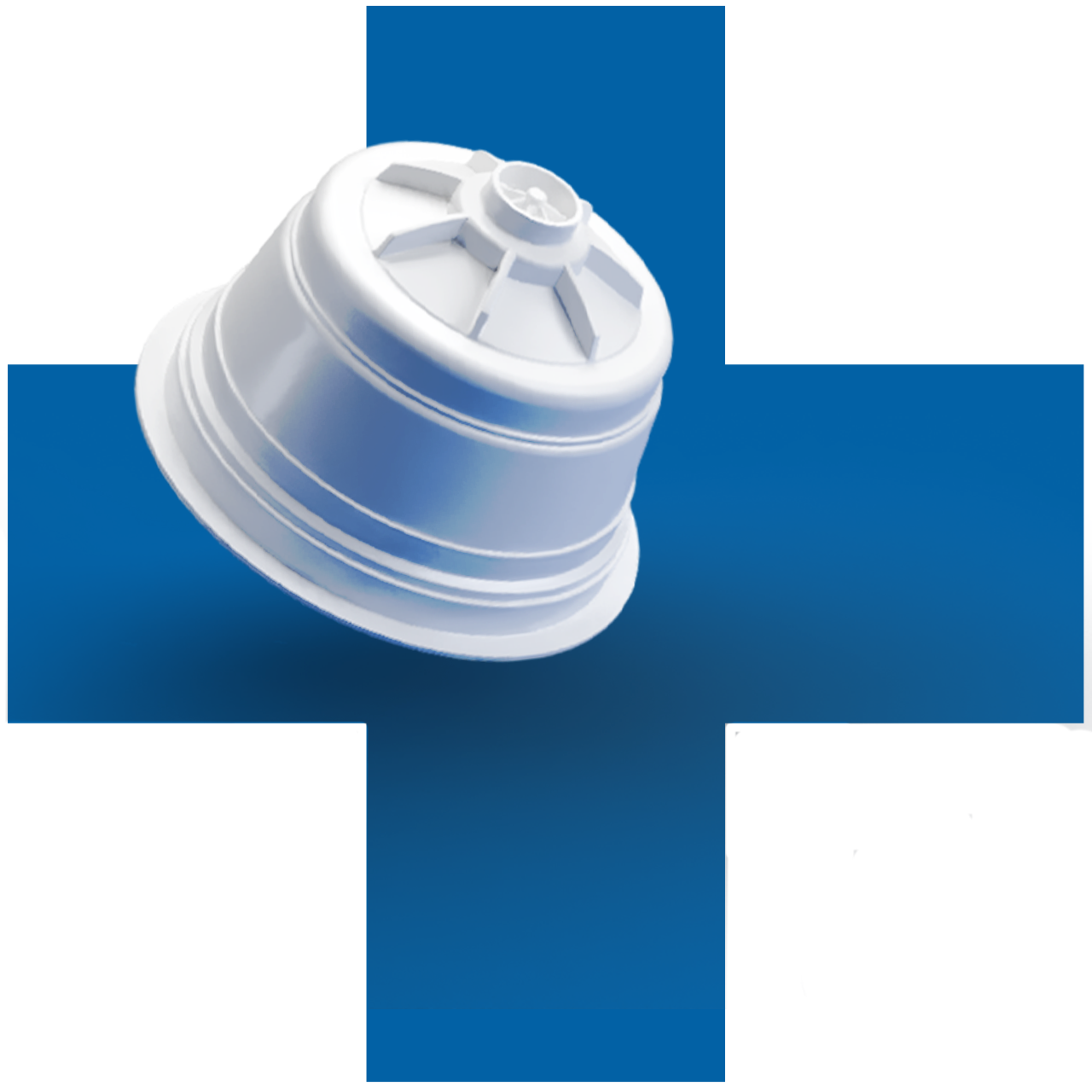 Weisse Kunststoffkapsel vor blauem Hintergrund in Form eines Schweizer Kreuzes – Symbol für Qualität, Präzision und Innovationskraft in der Verpackungstechnik.