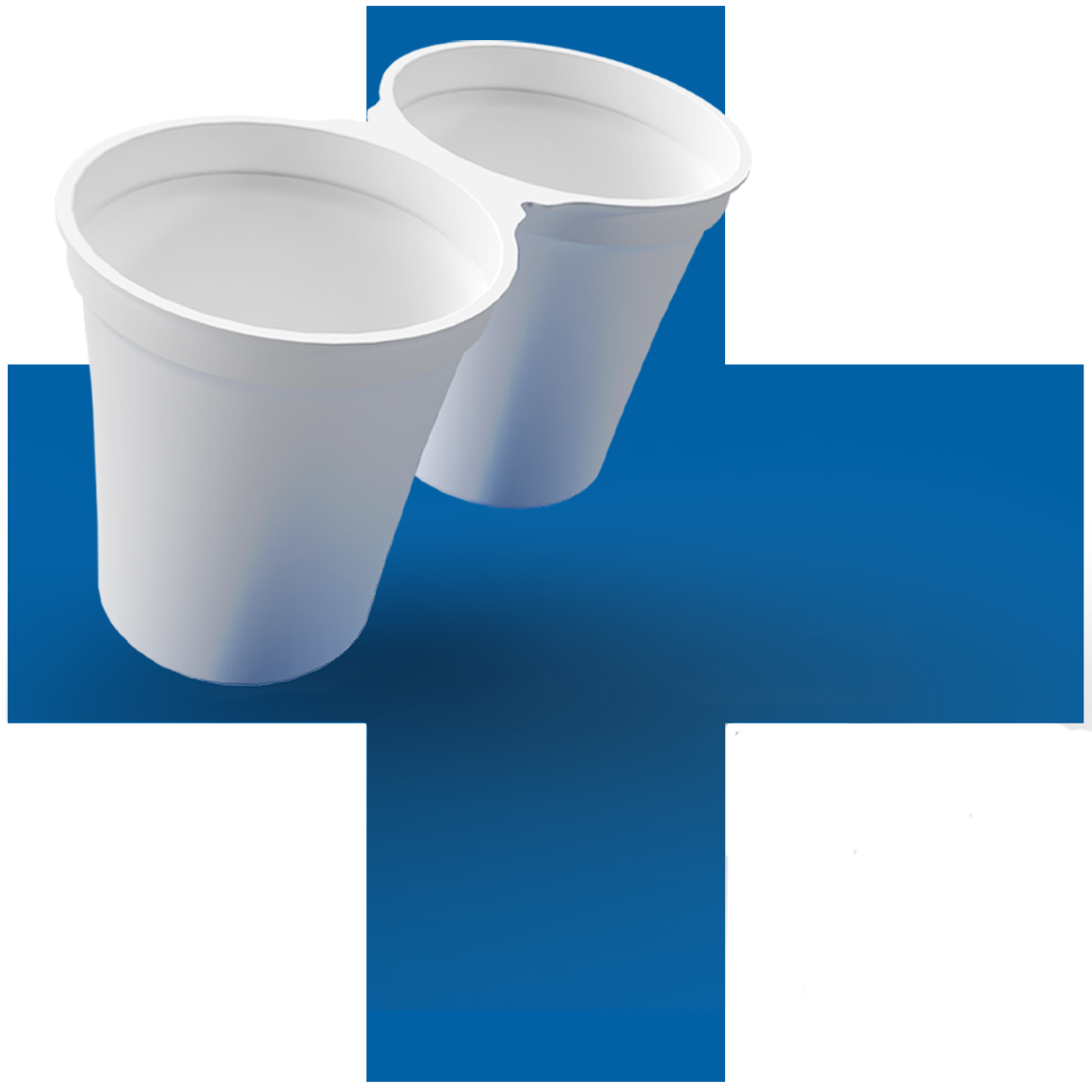 Weisser 2-Kammer-Becher auf blauem Hintergrund – nachhaltige Kunststoffverpackung mit zwei getrennten Fächern für Milchprodukte, Desserts oder Snacks.