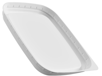 Weisser Innenklemmdeckel von säntis packaging – luftdicht schliessender One Seal Lid als nachhaltige, aluminiumfreie Lösung für Becherverpackungen aus Mono-Material.