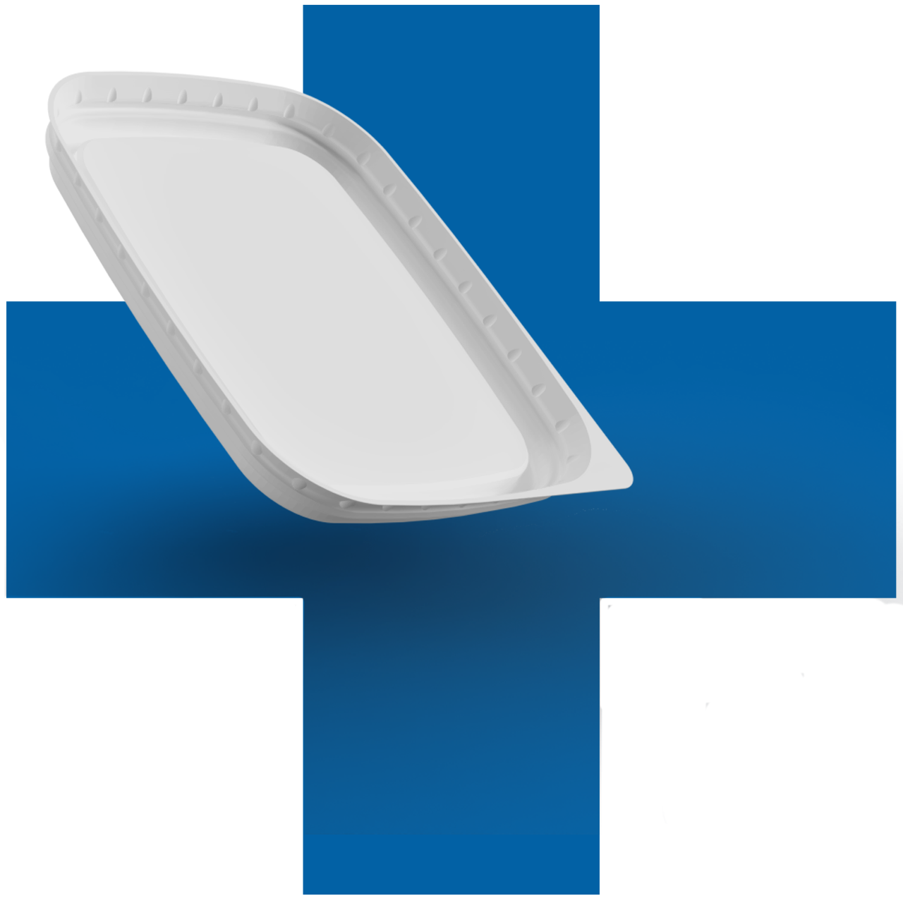 Weisser Innenklemmdeckel von säntis packaging auf blauem Hintergrund – innovative, aluminiumfreie Deckellösung aus recyclingfähigem Kunststoff für nachhaltige Lebensmittelverpackungen.