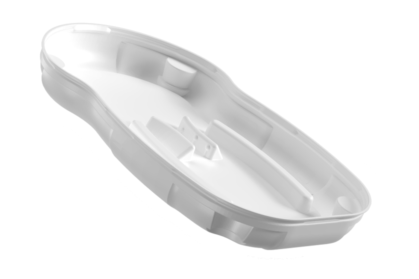 Weisser Deckel mit integriertem Fach von säntis packaging – funktionale Tiefziehverpackung mit Einlagefach für Löffel oder Topping, hygienisch, platzsparend und vollautomatisierbar.