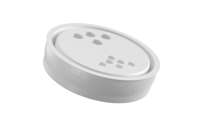 Weisser Gewürzverschluss von säntis packaging mit integrierten Streulöchern – präzise Spritzgusslösung für dosiertes Ausgiessen, sicher, ergonomisch und vollständig recyclingfähig.