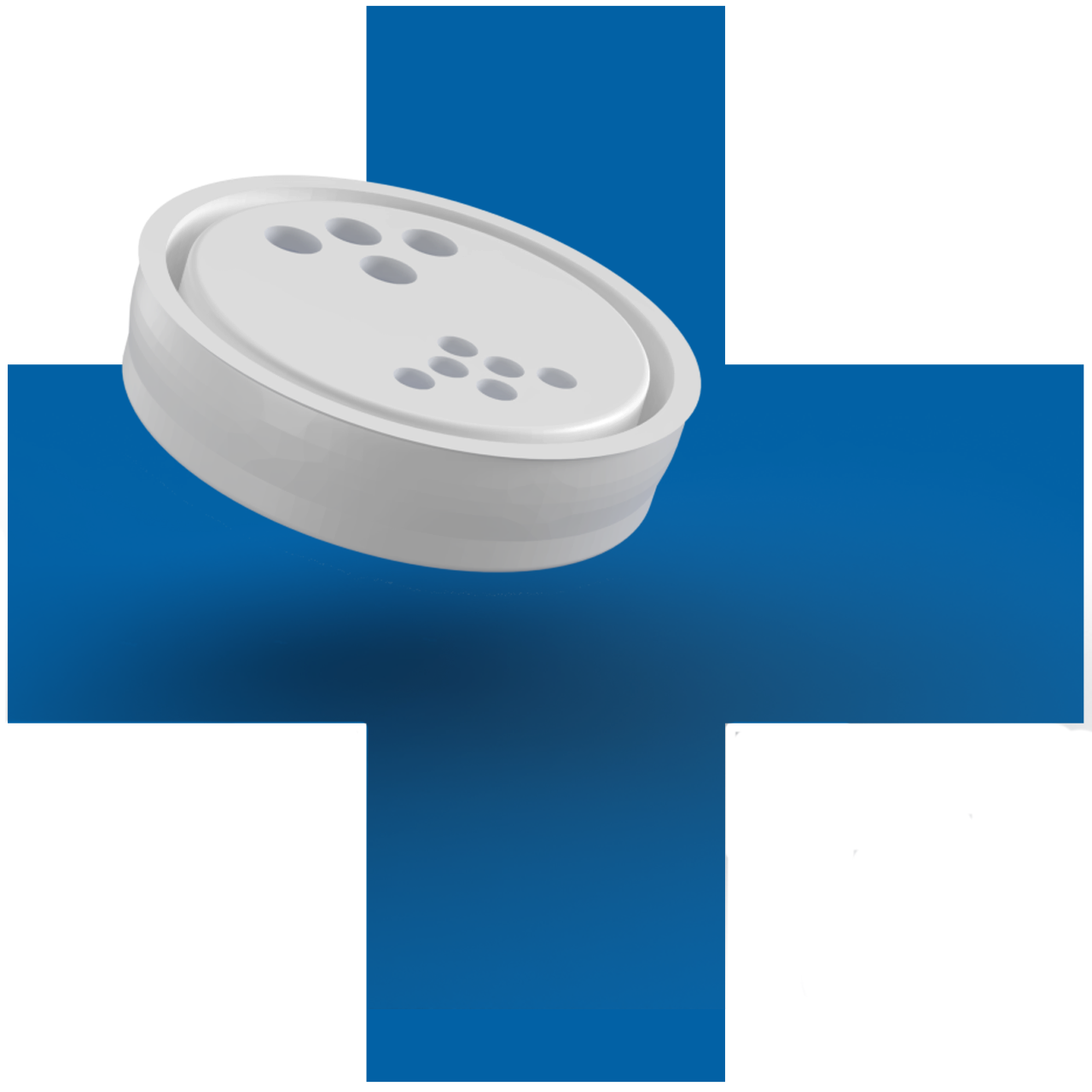 Weisser Gewürz- und Streuverschluss von säntis packaging auf blauem Hintergrundkreuz – präzise Spritzgusstechnik mit Streulöchern für kontrollierte Dosierung, funktional, hygienisch und vollständig recyclingfähig.