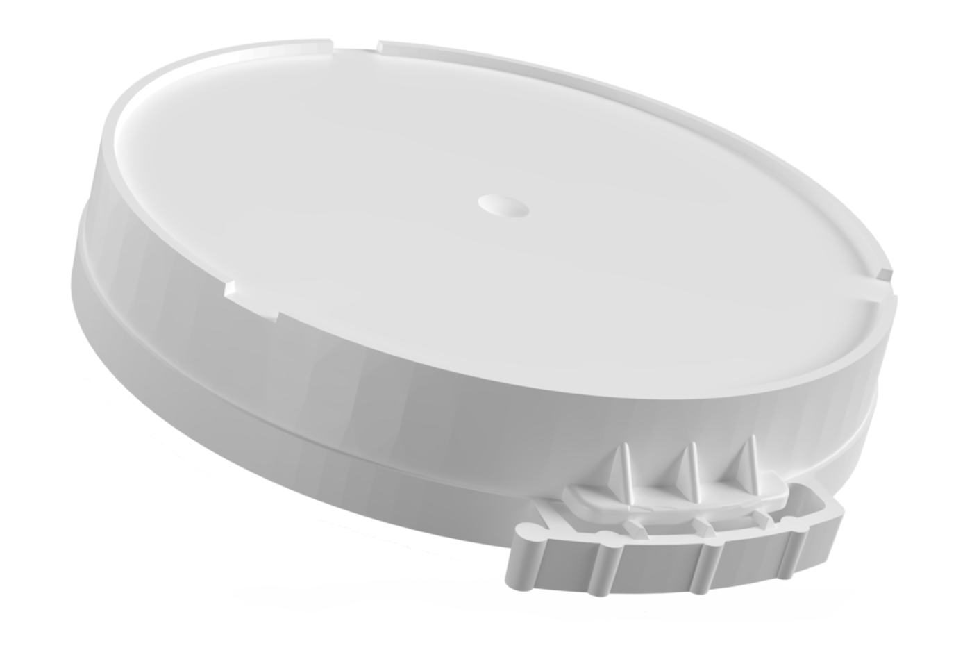 Weisser Klappverschluss von säntis packaging mit integrierter Scharnierfunktion – ergonomisches, wiederverschliessbares System für Pulver, Granulate oder Flüssigprodukte, hergestellt im präzisen Spritzgussverfahren.