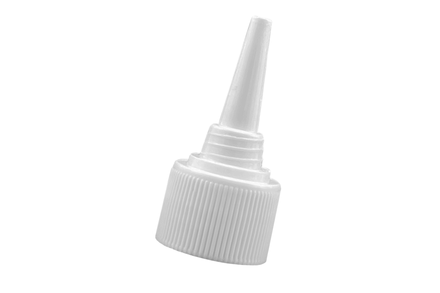 Weisser Dosier- und Portionsverschluss von säntis packaging mit feiner Ausgussdüse – präzise Spritzgusslösung für kontrolliertes Portionieren von Flüssigkeiten oder Pasten, ergonomisch und recyclingfähig.