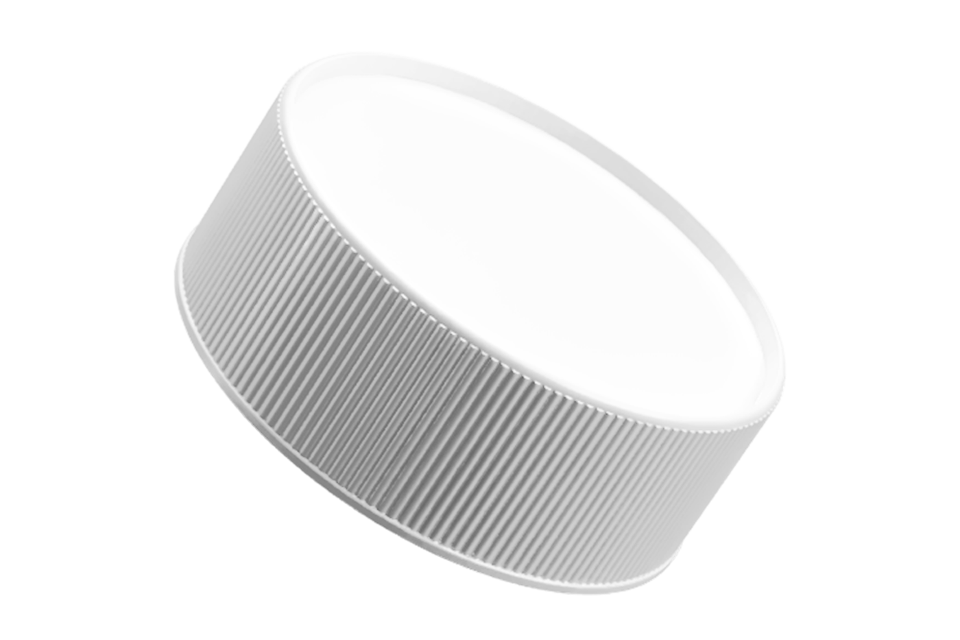 Weisser Schraubverschluss von säntis packaging mit griffiger Riffelstruktur – robuster Drehverschluss aus recyclingfähigem Kunststoff für sichere Abdichtung und wiederholtes Öffnen.