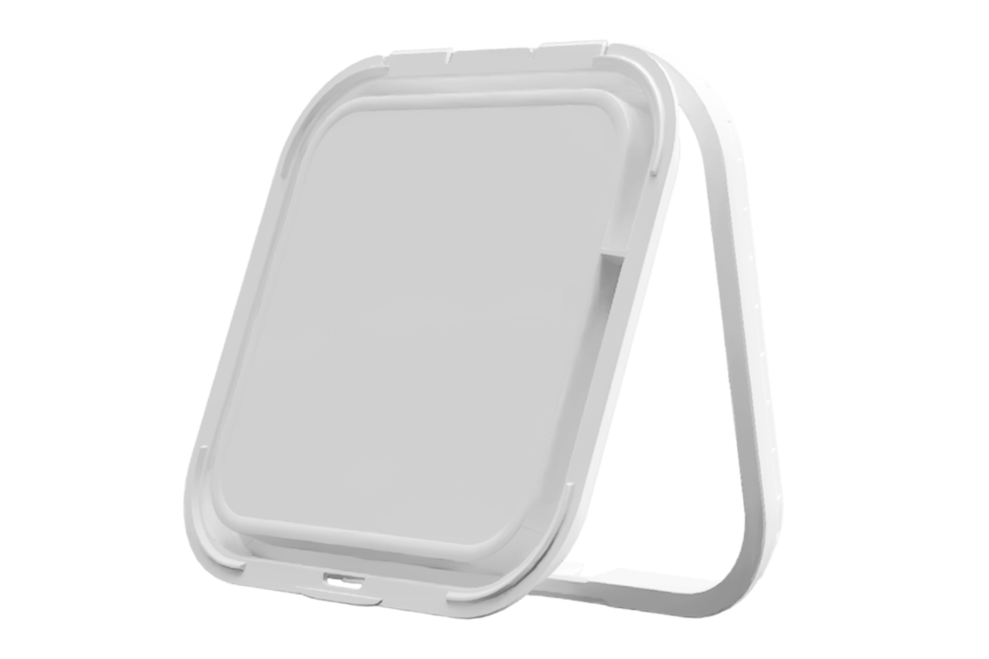 Weisser Scharnier- und Klappverschluss von säntis packaging – quadratisches, zweiteiliges System aus Spritzguss für einfaches Öffnen und Wiederverschliessen, funktional, ergonomisch und recyclingfähig.