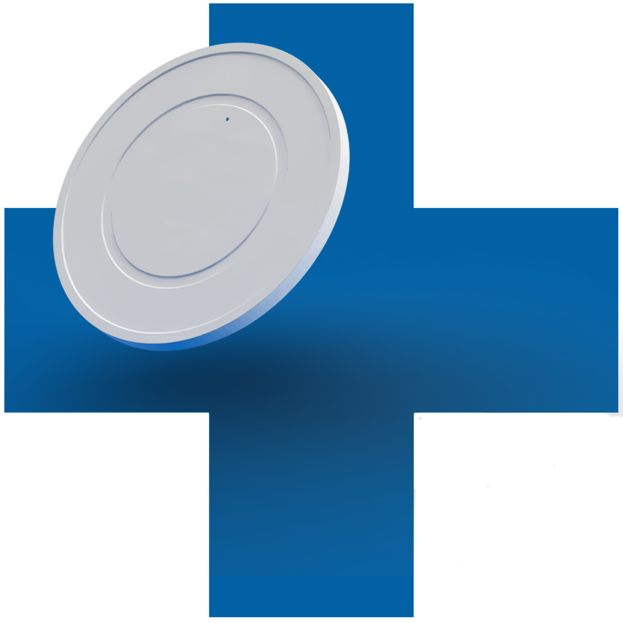 Weisse Schutzkappe mit Flansch auf blauem Hintergrundkreuz – präzise gefertigte, hygienische und recyclingfähige Verpackungskomponente von säntis packaging.