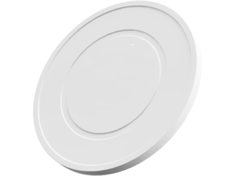 Weisse Schutzkappe mit Flansch aus Kunststoff – präzise gefertigte, hygienische und recyclingfähige technische Komponente von säntis packaging.