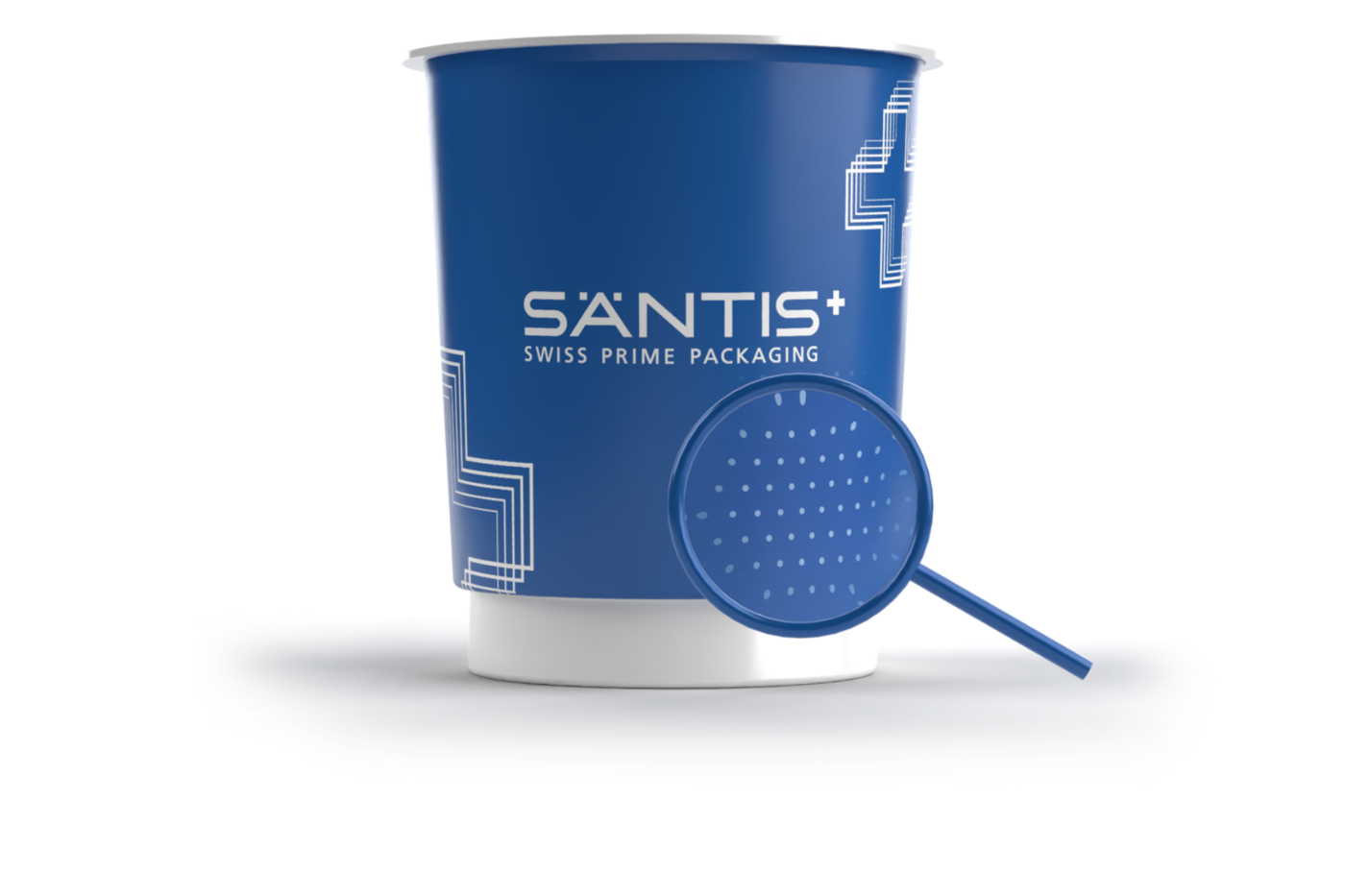 Blauer Kunststoffbecher mit digitalem Wasserzeichen von säntis packaging – innovative Dekorationstechnologie für Recycling und Rückverfolgbarkeit.