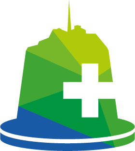 Grün-blaues Säntis packaging Logo mit Bergsilhouette und Kreuz – Symbol für Nachhaltigkeit, Eco-Design und verantwortungsvolle Verpackungsentwicklung.