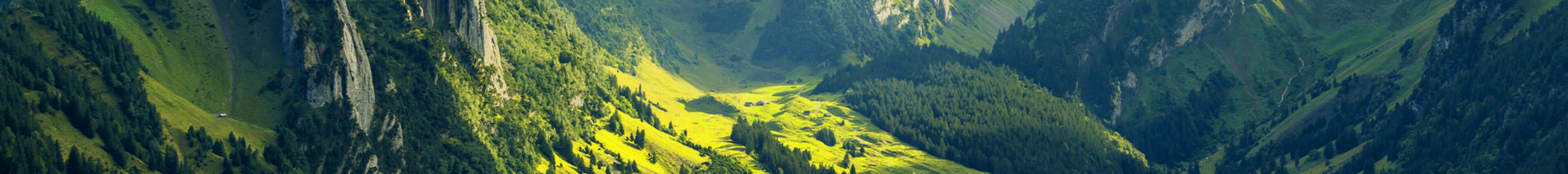 Panorama einer grünen Berglandschaft – stimmungsvolles Headerbild für den Nachhaltigkeitsabschnitt zu den UN Sustainable Development Goals (SDGs) auf der Website von säntis packaging.