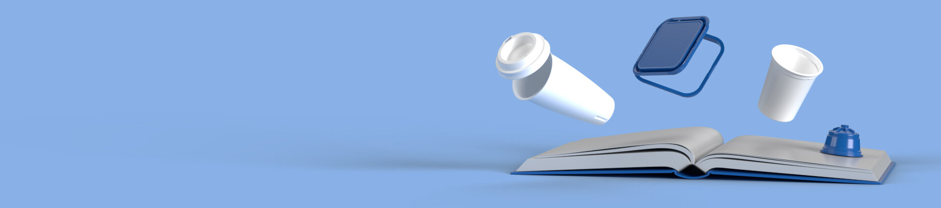 Offenes Buch, aus dem verschiedene weisse und blaue Kunststoffverpackungen herausfliegen – symbolische Darstellung für den Newsroom von säntis packaging, in dem Wissen, Innovation und neue Entwicklungen rund um Verpackungstechnologien geteilt werden.