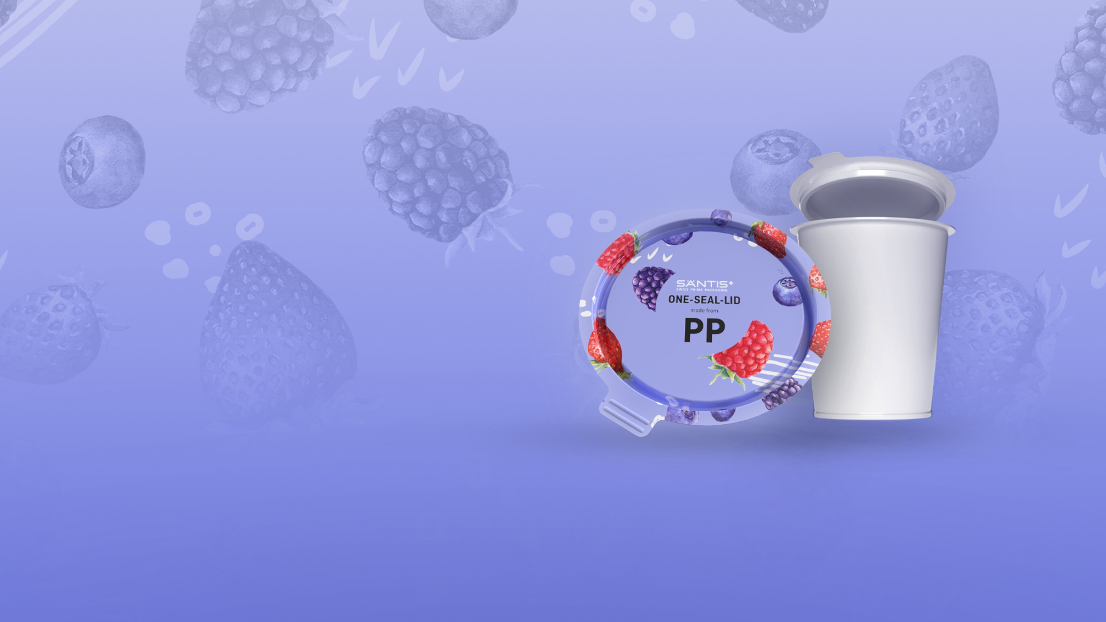 One-Seal-Lid Deckel von Säntis Packaging mit bedrucktem Deckelmotiv aus Beeren – innovative, aluminiumfreie Verpackungslösung aus Polypropylen für Lebensmittel.