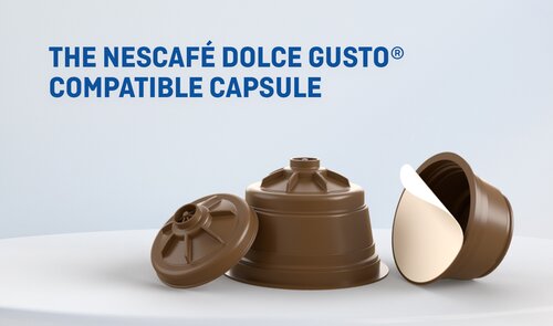Braune Kaffeekapseln von Säntis Packaging, kompatibel mit Nescafé Dolce Gusto® Systemen – hochwertige Kunststoffkapseln für aromadichten Kaffeegenuss.