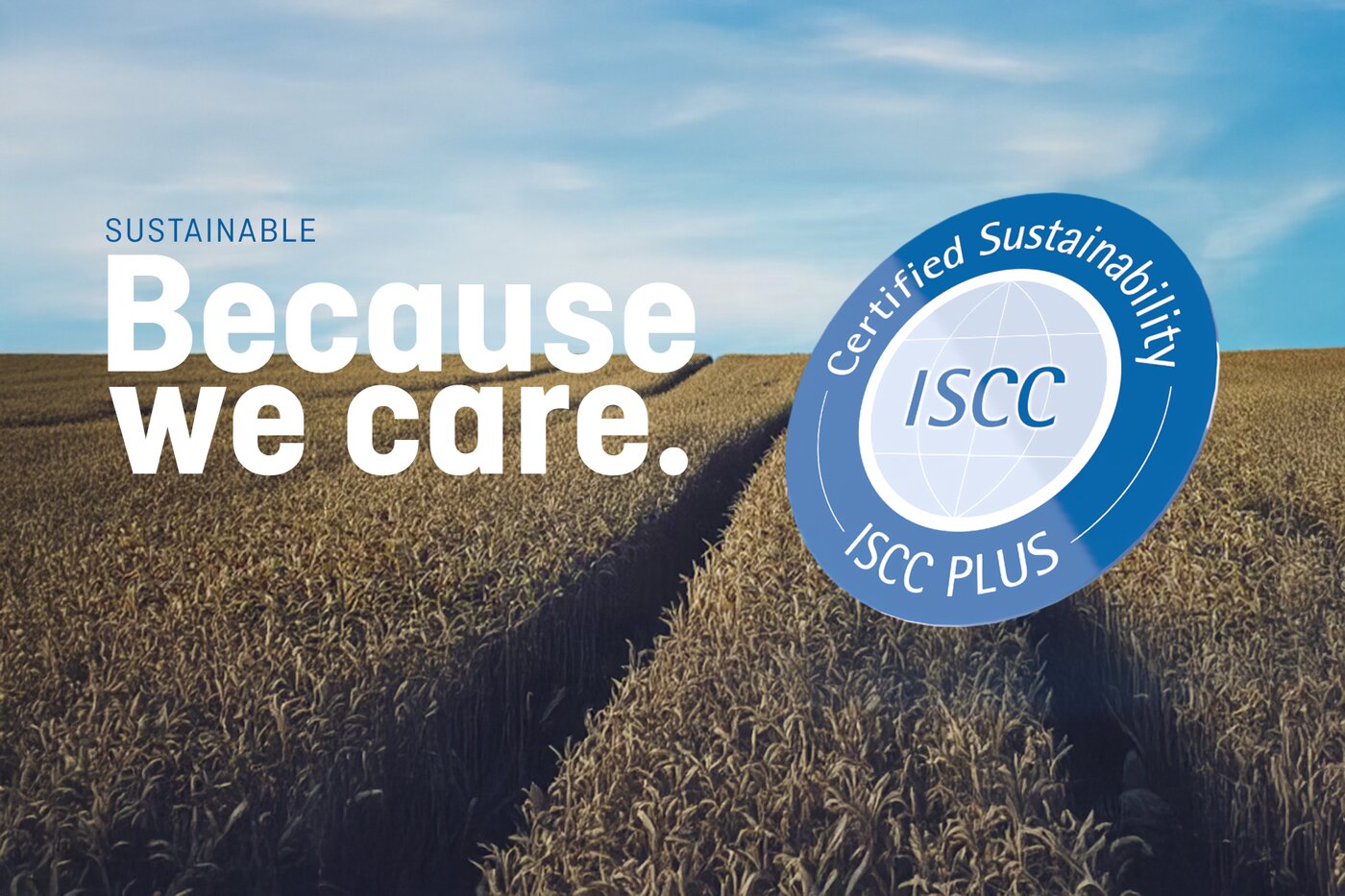 Weizenfeld mit ISCC PLUS Nachhaltigkeitssiegel und Schriftzug „Because we care“ – Darstellung der ISCC-zertifizierten, transparent rückverfolgbaren und biozirkulären Materialverarbeitung im Rahmen der Circular-Economy-Strategie von Säntis Packaging.