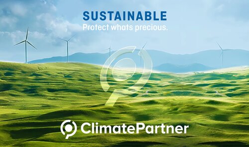 Nachhaltigkeitsvisual mit grüner Hügellandschaft und Windrädern, versehen mit dem ClimatePartner-Logo – Symbolbild für die Klimaneutralität und CO₂-Kompensation von Säntis Packaging.