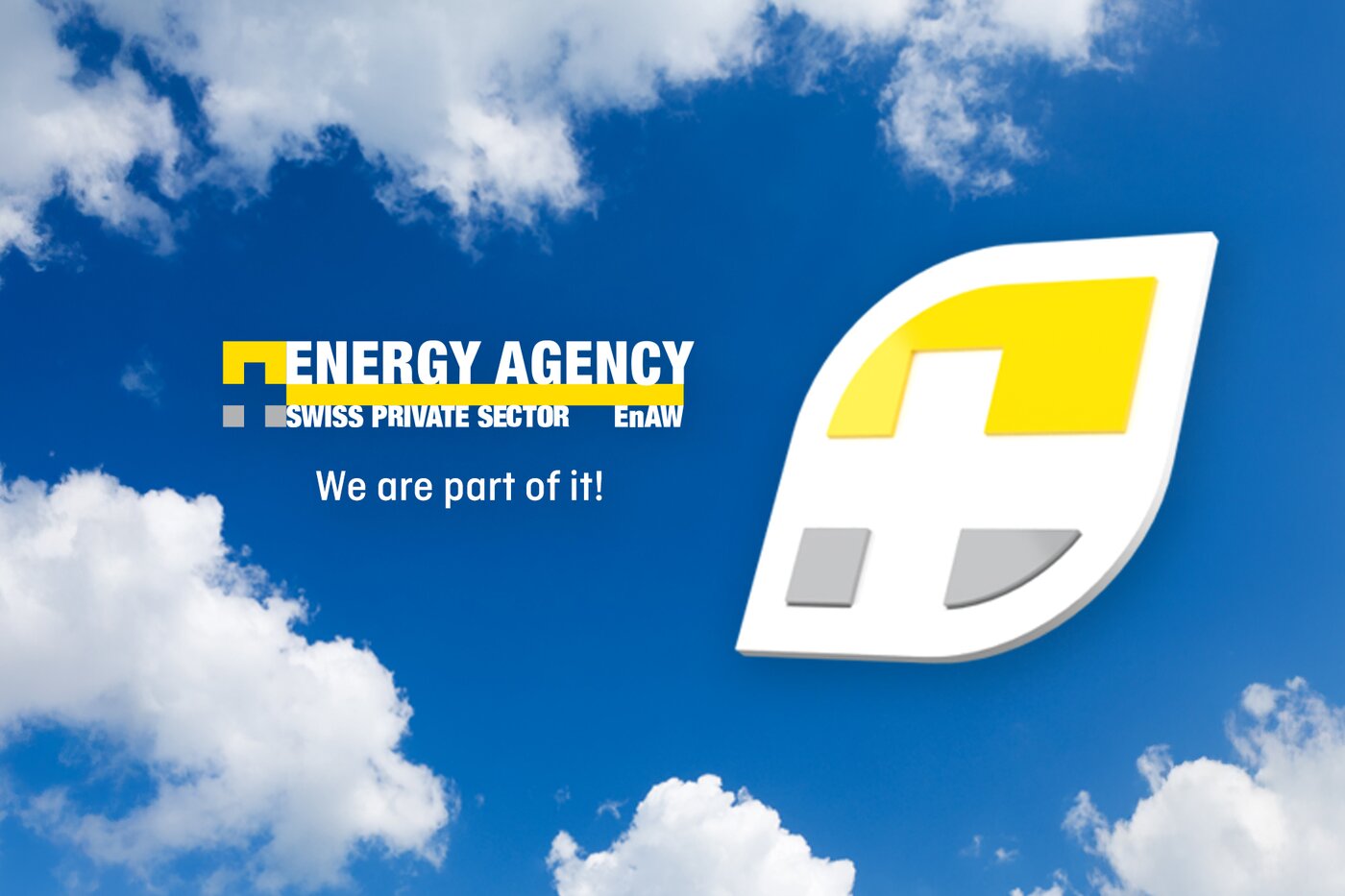 Logo der Energy Agency for the Swiss Private Sector (EnAW) vor blauem Himmel mit weissen Wolken und dem Schriftzug «We are part of it!» – Hinweis auf die EnAW-Zertifizierung und das Energieeffizienz-Engagement von Säntis Packaging.