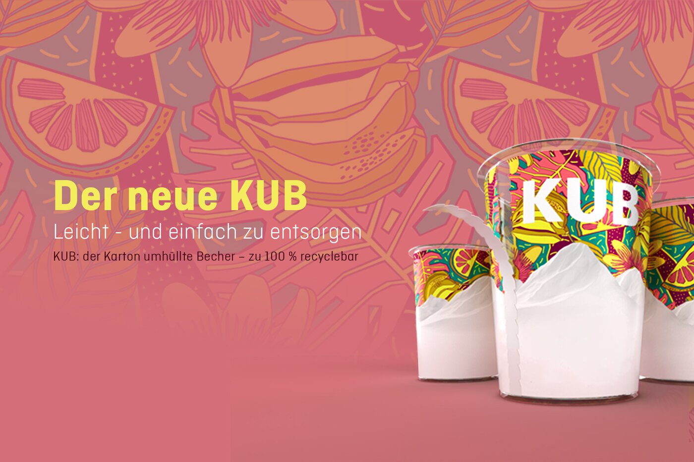 Produktbild des neuen KUB-Bechers von SwissPrimePack – einer Karton-Kunststoff-Kombination mit bunter Hülle, 100 % recyclingfähig und dank Abrisslasche leicht zu trennen und fachgerecht zu entsorgen.